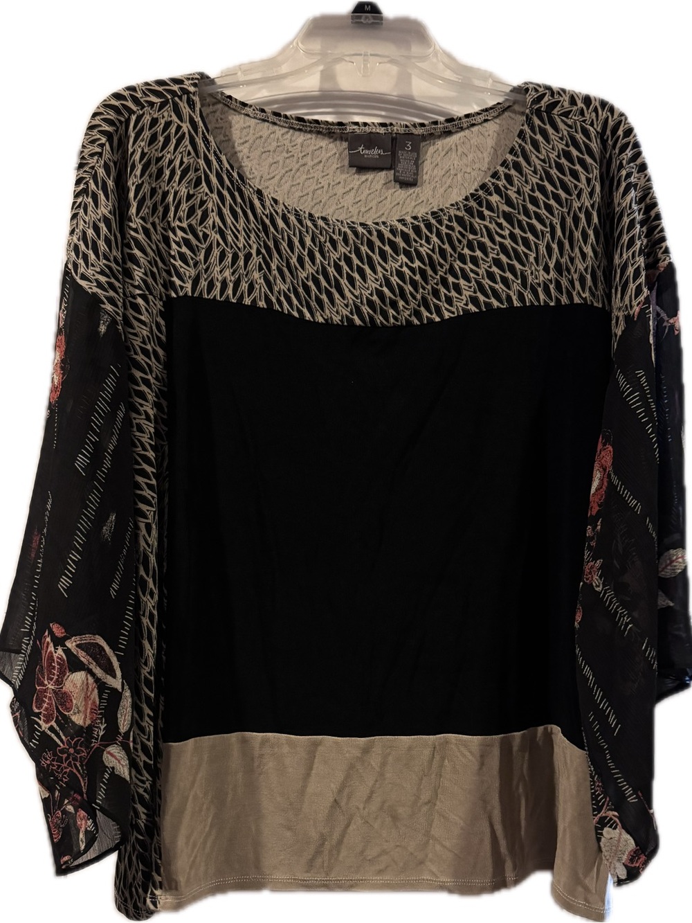 Chicos Travelers Blouse Womens sz 3 Slinky Knit Chiffon Kimono Sleeve